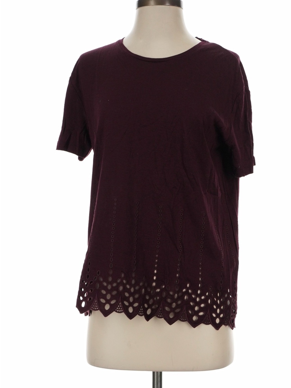 The Kooples Plum Short-Sleeve Crewneck Top with Scalloped Eyelet Hem